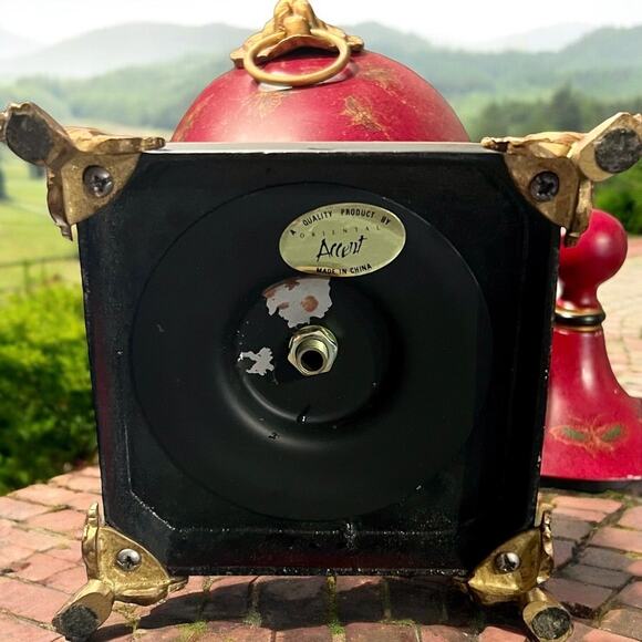 Red Tole Metal Urn-Oriental Accents-Brass Lion Head Handles-Vintage-Chestnut-Lid - Picture 10 of 10